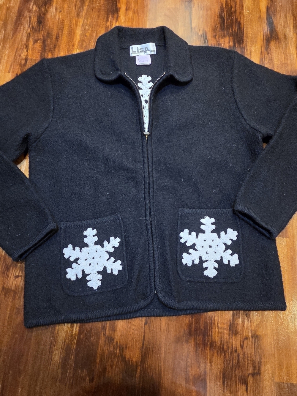Lisa Boiled Wool Snowflake Christmas Sweater Zip Up Womens L Cottegcore Grandma